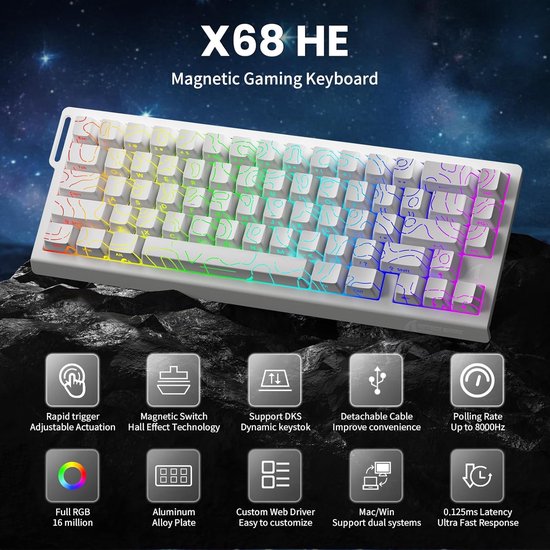 ATTACK SHARK X68HE - Clavier de jeu filaire à interrupteur magnétique - 66 touches - RGB - touches PBT imprimées en soie - corde décorative - 8Khz - 0.01mmRT - 0.125ms - Ligne de contour blanche