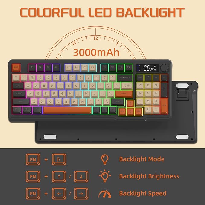 FREEWOLF M96 Wireless Gaming Keyboard, clavier mécanique sans fil Bluetooth/2.4G, rétro-éclairage LED RGB avec écran, capuchon de clavier PBT, 3000mAh, US Layout pour Win/Mac Flickering