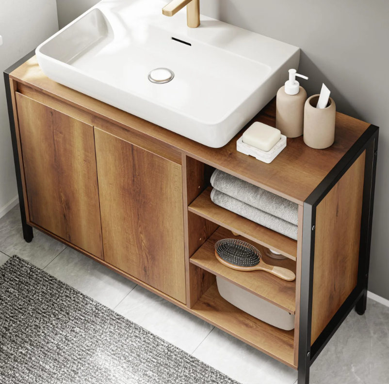Meuble sous-lavabo SoBuy 90 x 30 x 60 cm - Marron/Noir - 2 portes - 3 étagères