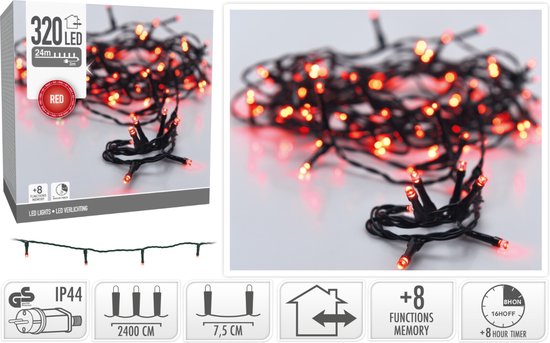 Guirlande lumineuse de Noël 320 LED - 24 m - rouge - Minuterie - Effets lumineux - Mémoire - Extérieur - Intérieur