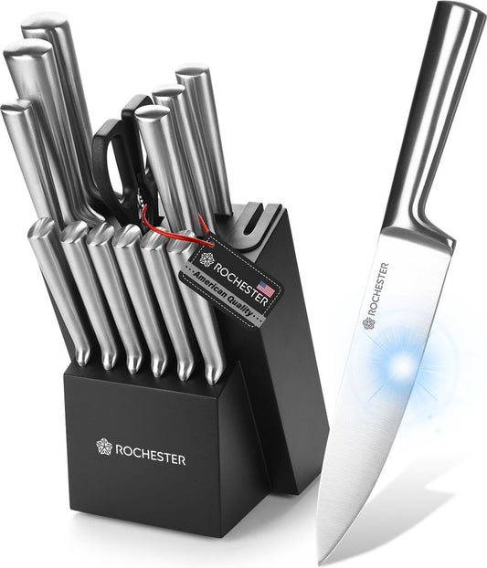 Ensemble de 14 couteaux avec bloc et aiguiseur de couteaux - Rochester - Acier inoxydable - Revêtement résistant aux rayures