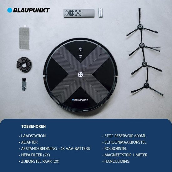 Aspirateur robot - Blaupunkt Bluebot XVAC - Avec station de charge - Navigation gyroscopique - Avec fonction de nettoyage grâce au module de nettoyage disponible séparément