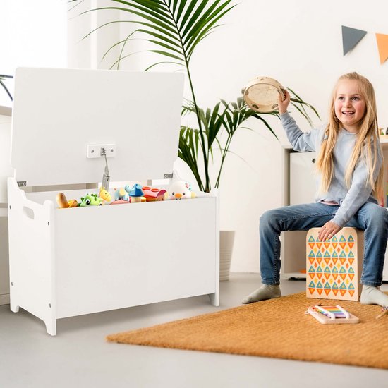 Oemmie Coffre à jouets - Coffre de rangement - Coffre de rangement - Coffre de rangement - Coffre de rangement enfants - 60x40x37cm - Charnières de sécurité - Blanc