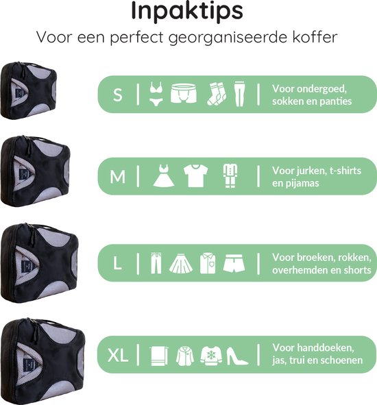 Volcan Packing Cubes - Kit d'organisation pour valise - 4 pièces - Cubes de voyage - Pour sac à dos et valise - Noir