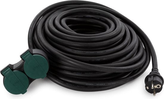 Perel Rallonge électrique, câble d'extension, câble d'alimentation, câble de rallonge, câble d'intérieur avec deux prises pour l'extérieur IP44, avec mise à la terre, Schuko, H07RN 3G2,5, PVC, caoutchouc, 20 m, noir
