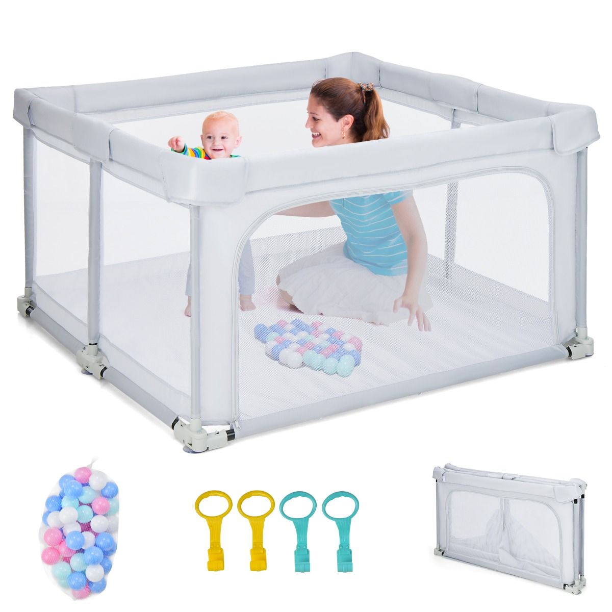 Coast Baby Box pliable 124x124x70 cm Gris avec 50 boules Ocean et 4 poignées - Tissu Oxford, maille respirante