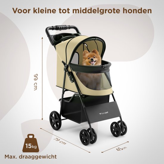 TrevoPet® Poussette pliable pour chien - Pour les petits et moyens chiens jusqu'à 15 kg - Poussette avec porte-gobelet et grand panier de rangement - Beige