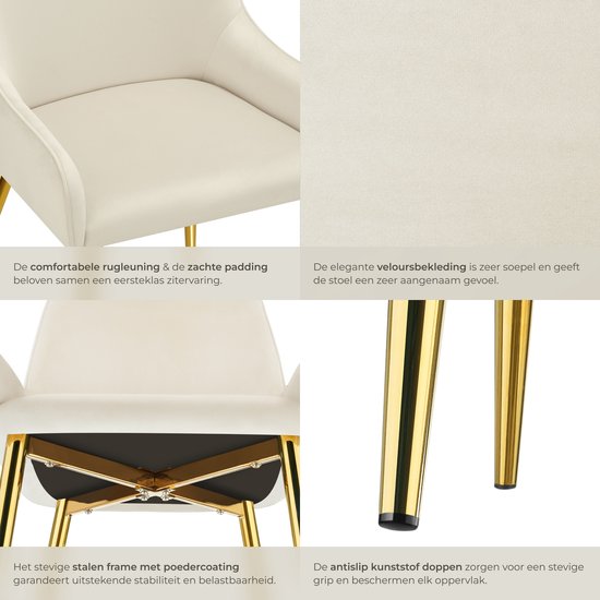 tectake® Chaise de salle à manger Avane - Aspect velours - Chaise ergonomique rembourrée avec pieds en acier doré - Capacité 120 kg - Chaise de salle à manger et de cuisine moderne - Lot de 2 - Beige