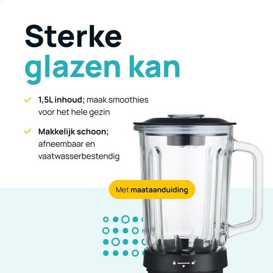 MOA - Mixeur puissant - Avec pot en verre - 1,5 litre - 1000 Watt - TB61 - Acier inoxydable