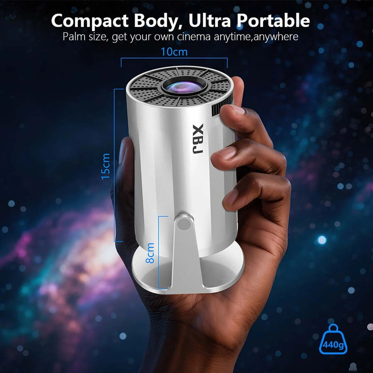Mini-projecteur portable XBJ, couleur argent, 14 x 12 x 21,8 cm - Wi-Fi 6 et Bluetooth 5.2 - Android 11 - Décodage 1080p et 4K - Orientable à 180° - 200 lumens ANSI