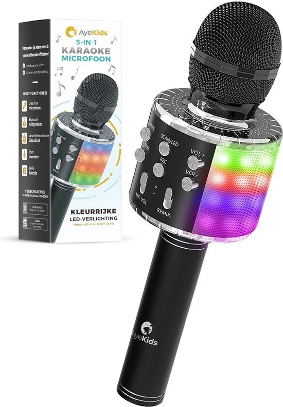 AyeKids 5-in-1 Karaoke Microphone - Sans fil & Bluetooth - Haut-parleur intégré & lumières Disco - Câble AUX inclus - Microphone Kids - Karaoke Set - Noir
