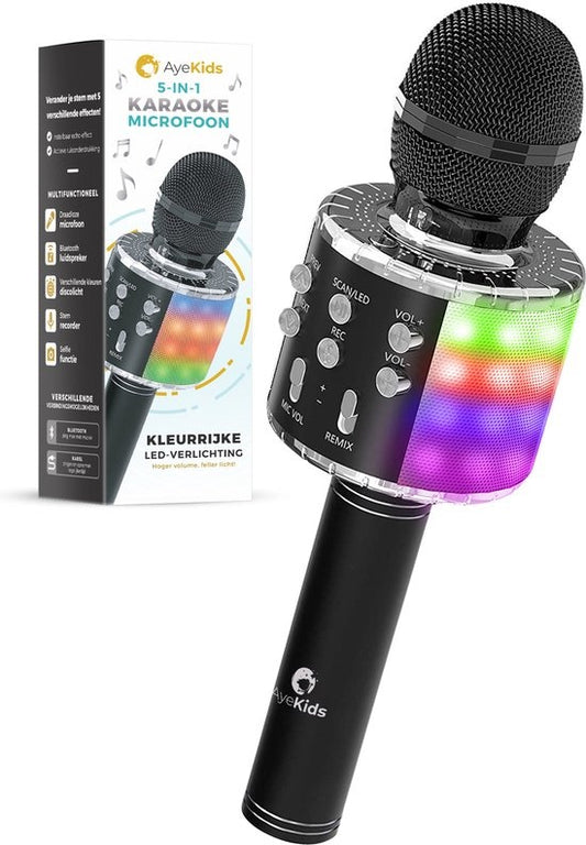 AyeKids 5-in-1 Karaoke Microphone - Sans fil & Bluetooth - Haut-parleur intégré & lumières Disco - Câble AUX inclus - Microphone Kids - Karaoke Set - Noir