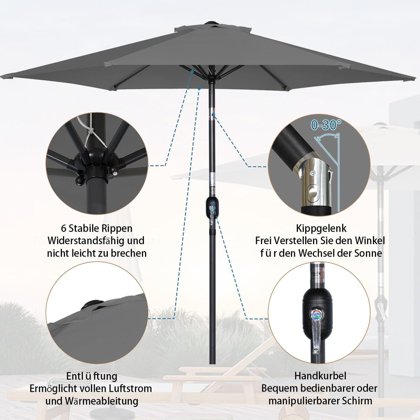 Parasol Angel Living 250 cm - parasol de jardin rond avec manivelle et fonction d'inclinaison - gris - polyester UV 50+