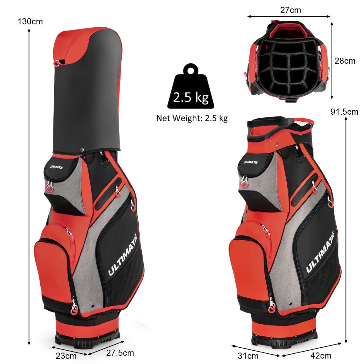 Sac de golf Coast avec 14 compartiments - léger et facile à transporter - rouge et noir