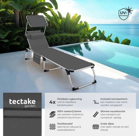 tectake® Lounger Aurelie avec toit solaire et coussin - Lounger - Bain de soleil - Bain de soleil de balcon pliable en aluminium - Bain de jardin résistant aux intempéries pour le jardin, le balcon, le camping et la plage - Dossier réglable avec coussin -
