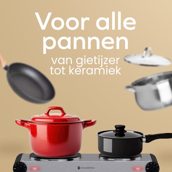 KitchenBrothers Table de cuisson électrique - 2 brûleurs - pose libre - 7 niveaux de température - 1500W + 1000W - inox/noir