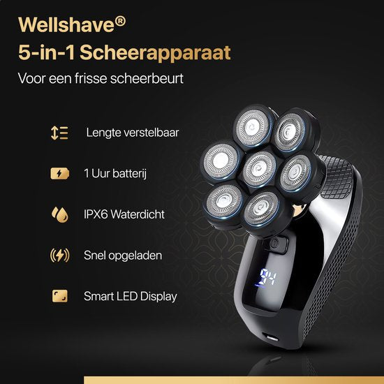 Wellshave 5 in 1 Shaver Men Deluxe - Tondeuse pour le visage et la tête - Rasoir humide et sec - Tondeuse pour le nez - Rasoir pour le crâne