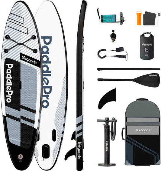 LifeGoods PaddlePro SUP Board Pro - Pro Set - Planche à pagaie gonflable - Max. 150KG - 320x81cm - Noir/Blanc