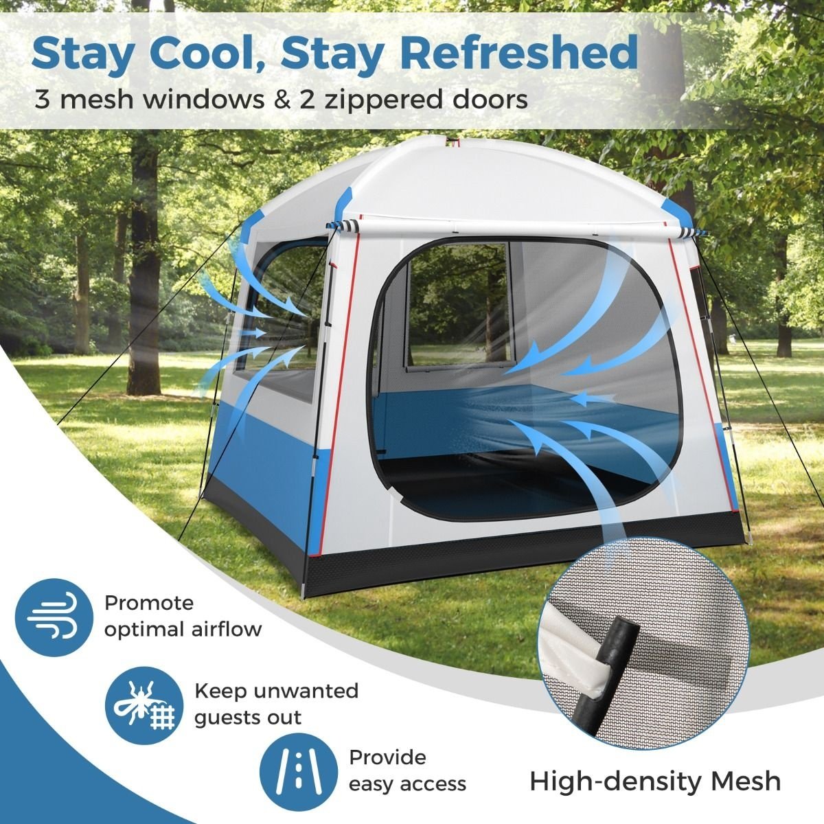 Tente de camping Coast pour 5 personnes - Grande porte en filet et tapis de sol - Imperméable - 248 x 248 x 230 cm - Bleu/Blanc