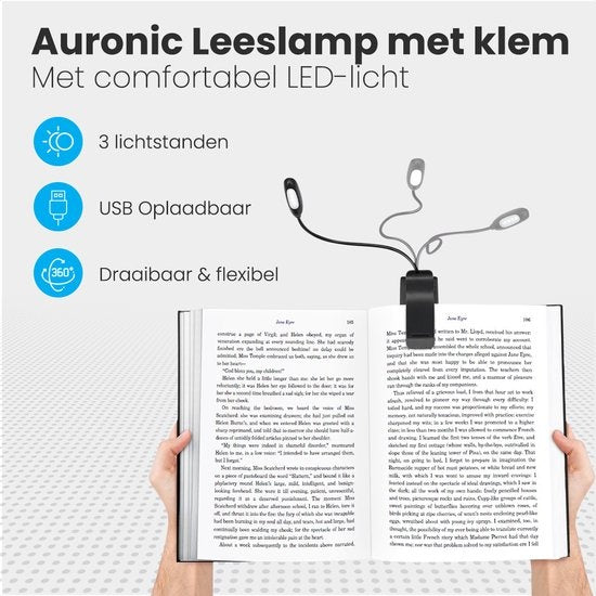 Auronic Liseuse de livre - Liseuse rechargeable par USB avec pince - Sans fil - Dimmable - Ajustable - Flexible - Noir