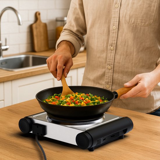 KitchenBrothers Table de cuisson électrique - 1 brûleur - pose libre - 7 niveaux de température - 1500W - inox/noir