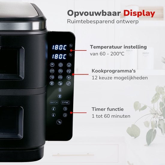alpina Airfryer XXL - Double Friteuse 11L - Friteuse à air chaud 2 paniers - Doublement empilée pour 8 personnes - Ecran pliable - Fonction minuterie jusqu'à 60 minutes - Température 60-200°C - Noir