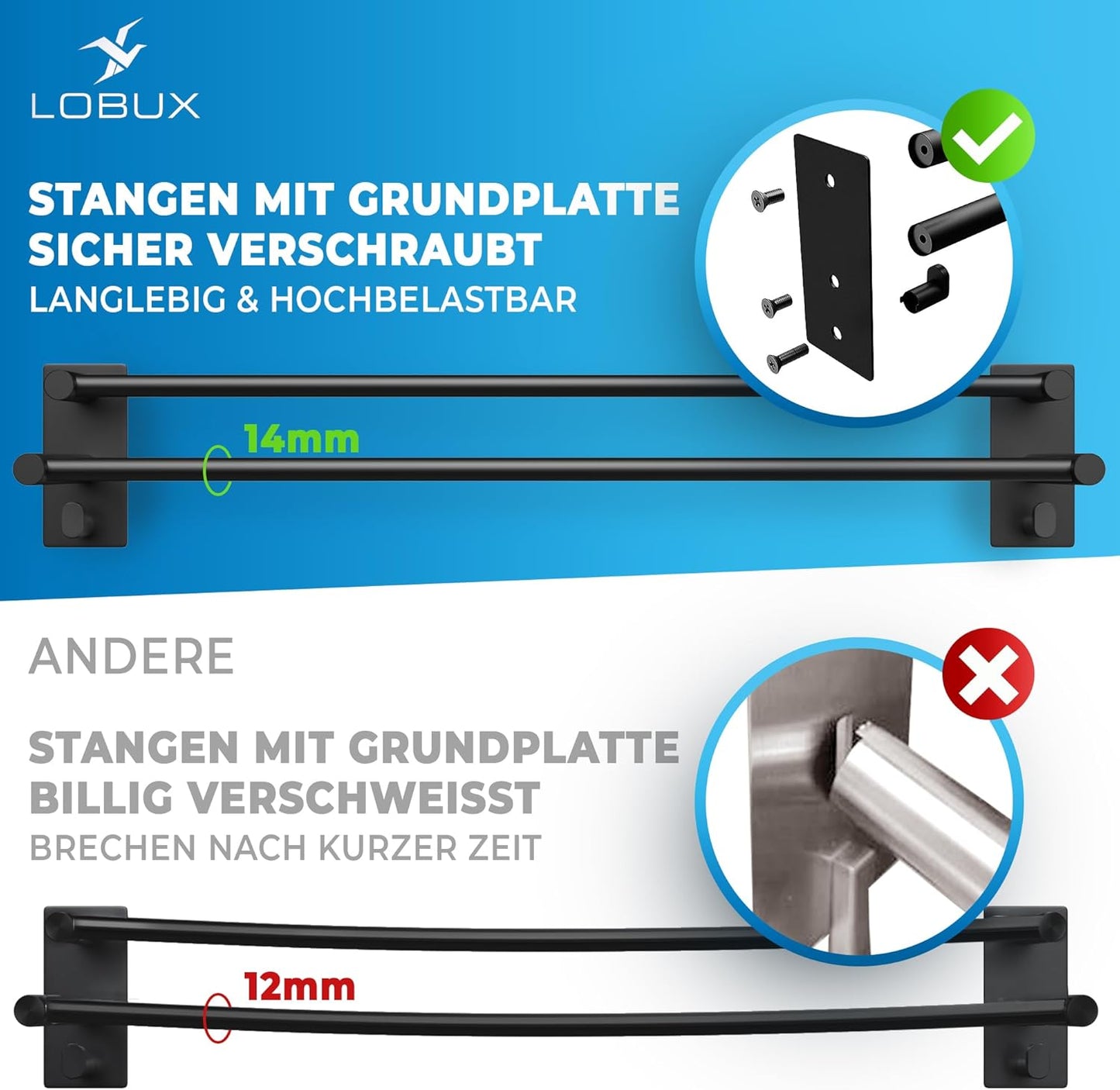 LOBUX® - Porte-serviettes sans percer noir - 80cm, inox - Porte-serviettes salle de bain double, autocollant - Barre porte-serviettes, porte-serviettes de bain incl. 2 crochets porte-serviettes - Salle de bain, paroi de douche, cuisine