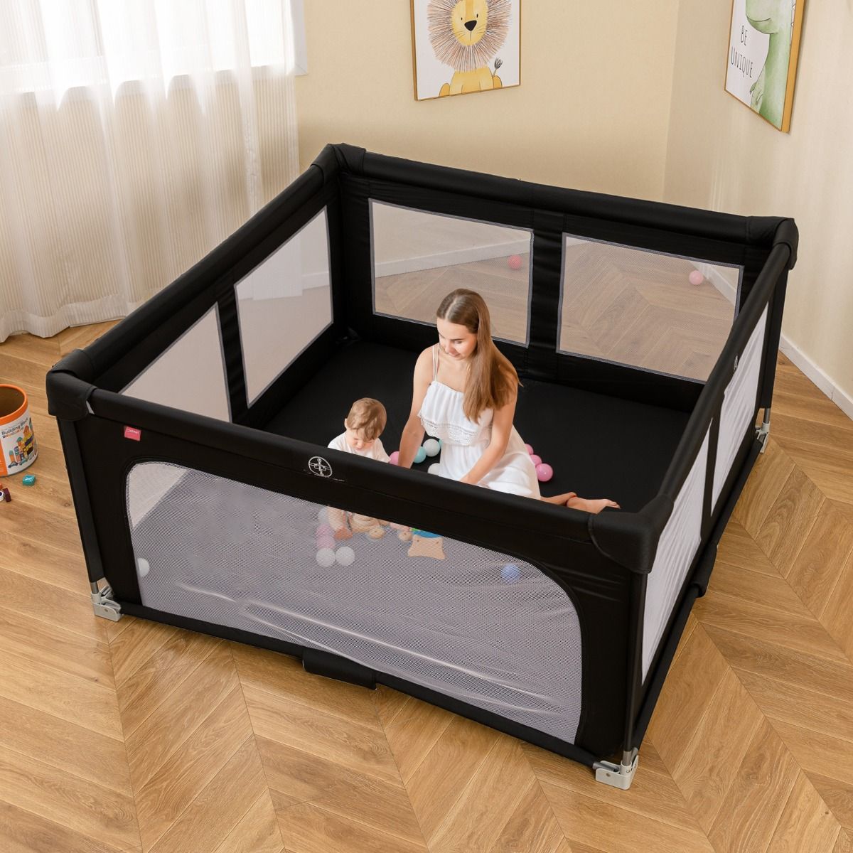 marcheur bébé côte 150 x 150 cm - Jouet pliable avec 50 balles, 4 poignées et une porte à fermeture éclair - Noir