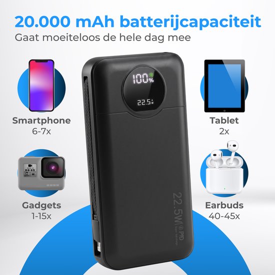Nuvance Powerbank 20 000 mAh - Chargeur rapide 22,5 W USB-C et 8 broches - Kit d'urgence - 2 ports - 2 câbles intégrés - Powerbank