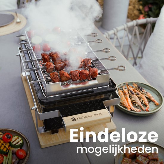 KitchenBrothers Kamado Hibachi Grill - Sans PFAS - Avec grille et bâtons - Barbecue au charbon de bois - Grill de table Shichirin - Barbecue rectangulaire - Barbecue en céramique - Noir