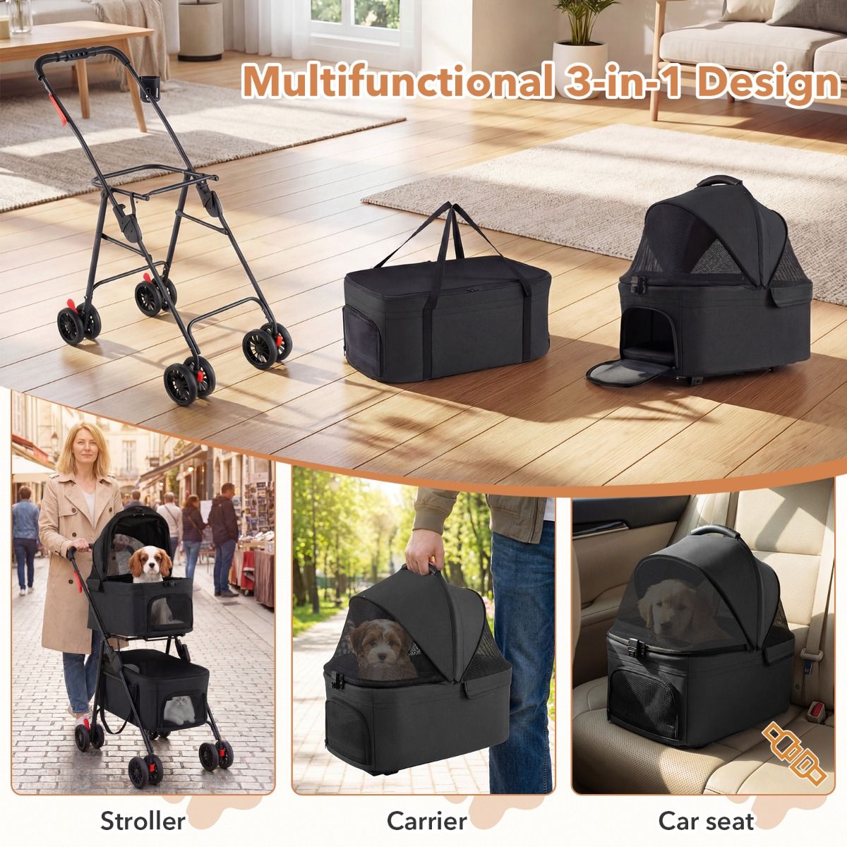 Chariot pliable double pour animaux de compagnie Coast - 3-en-1 avec caisses de transport amovibles - roues tout-terrain - noir