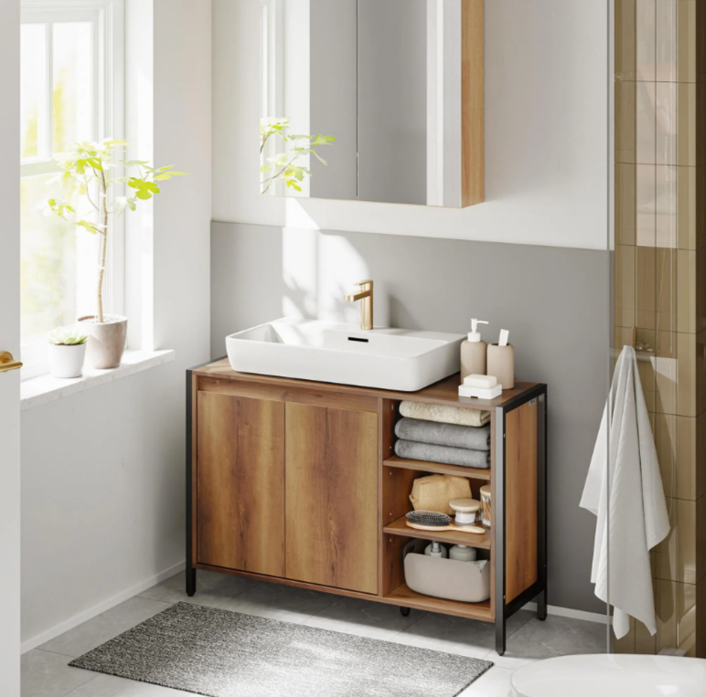 Meuble sous-lavabo SoBuy 90 x 30 x 60 cm - Marron/Noir - 2 portes - 3 étagères