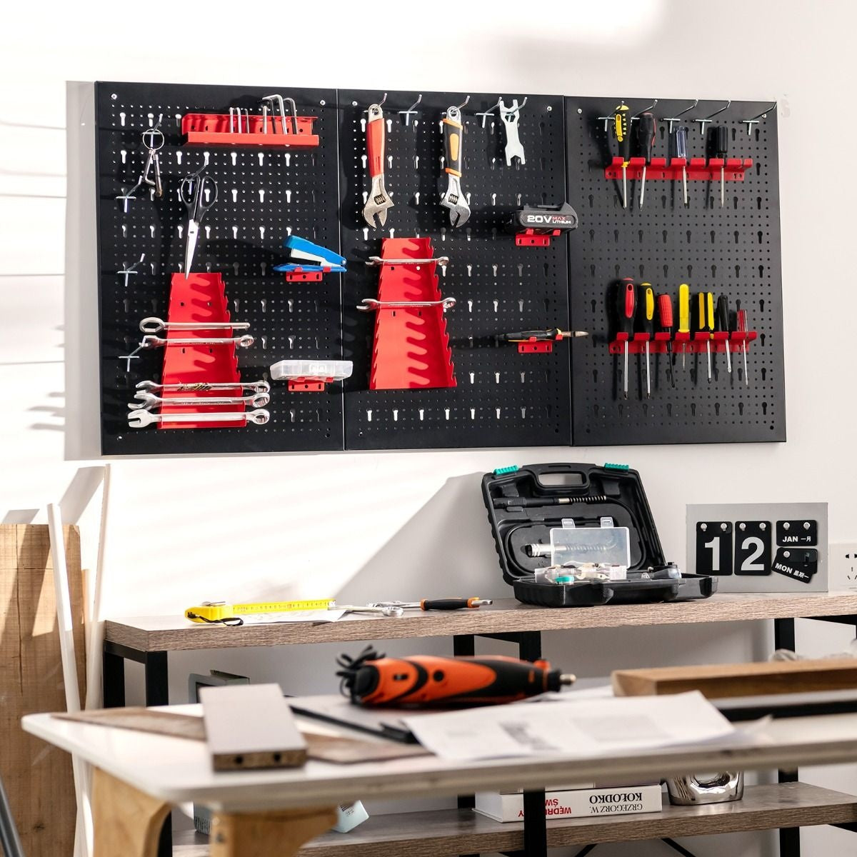 Pegboard Wall Organizer Metal Pegboard Tools Storage Kit with 3 Pegboards & 25 Hanging Accessories Black+Red