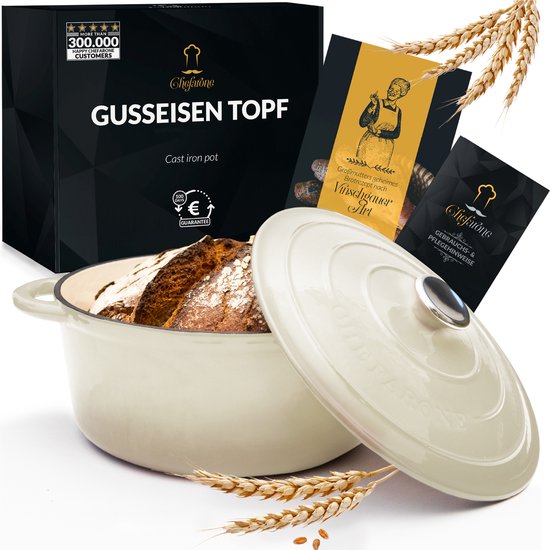 Poêle en fonte Chefarone 4,7 L - Sans PFAS - Poêle à rôtir avec couvercle - Poêle compatible avec toutes les sources de chaleur - Poêle Ø 26 cm - Émaillée blanc crème - Cadeau pour femme