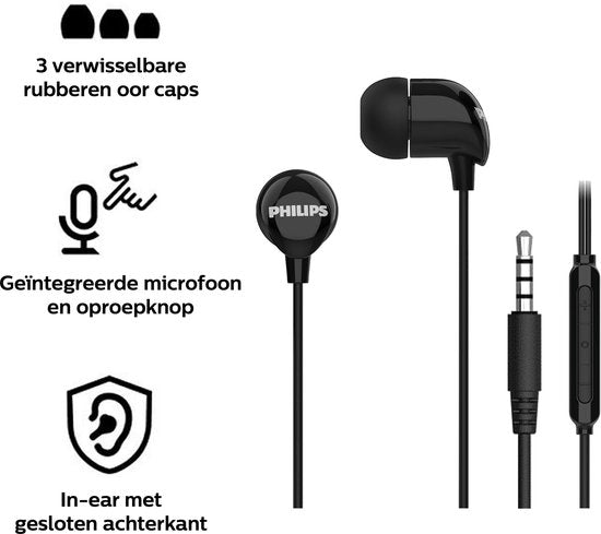 Écouteurs intra-auriculaires Philips TAE1156BK - Clear Sound - Filaires - Télécommande avec microphone - Prise jack 3,5 mm - Noir