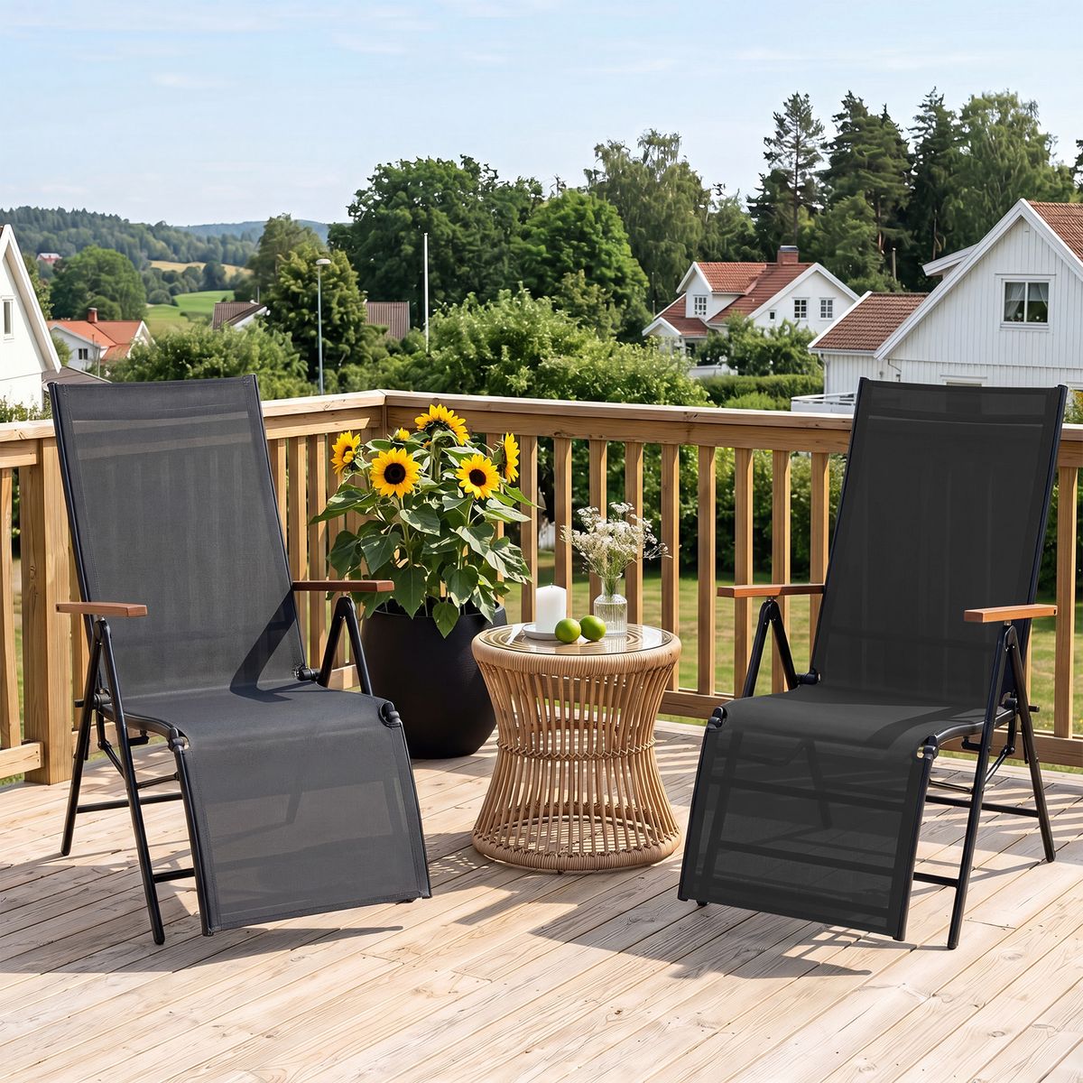 Ensemble de 2 chaises longues pliantes Coast - Dossier réglable - Accoudoirs - Noir