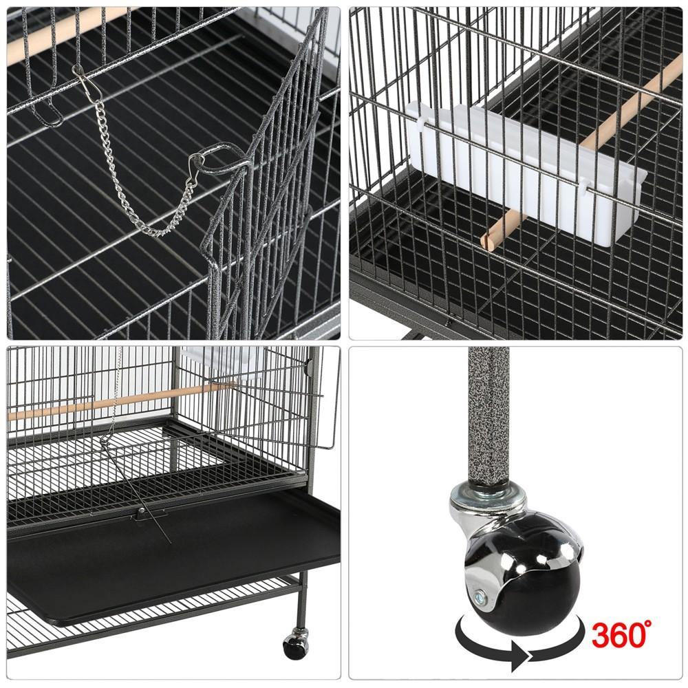 Cage à oiseaux Yaheetech 132 cm - Noire - Grande - Avec support - 3 perchoirs - 4 mangeoires - Sur roulettes
