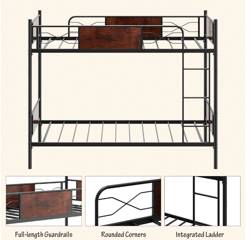 Coast - Cadre de lit superposé en métal - 2 en 1, aspect bois et barre de sécurité de 30 cm - L 198 x l 95 x H 156 cm - Métal/MDF - Noir/Marron