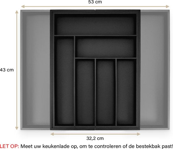 Budu Plateau à couverts extensible en bambou #43 (43 cm de profondeur) - Noir - Cassette à couverts en bois - Tiroir à couverts - 43 x 32.2 - 53 cm - 6/8 compartiments