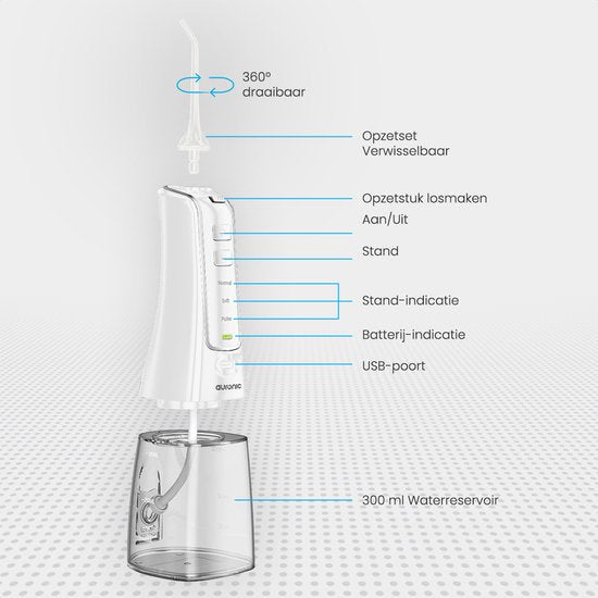 Auronic Water Flosser 300 ml - 4 Attaches - Blanc