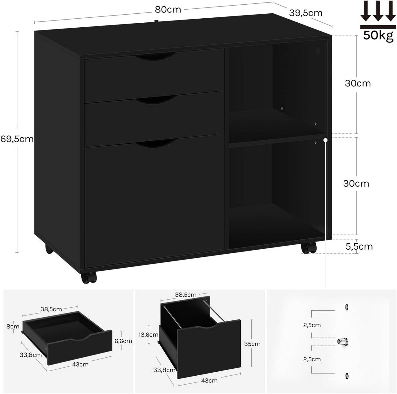 Armoire à dossiers Woltu - Sur roulettes - 3 tiroirs - 80 x 70 x 40 cm - Noir