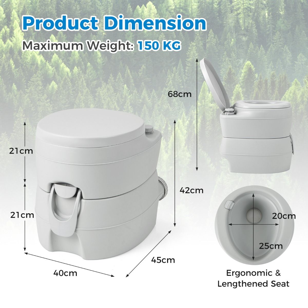 Toilette de camping portable Coast - Réservoir d'eau 20L détachable - avec pompe de chasse d'eau - 45 x 40 x 42 cm - Gris