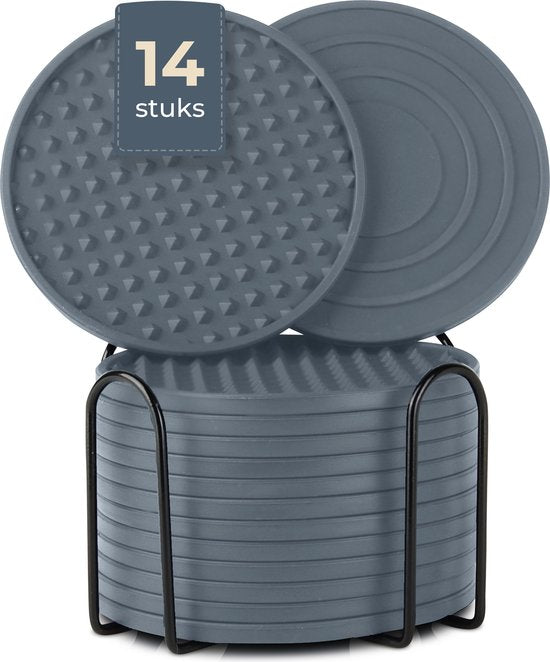 Castagnola Sous-verres en silicone - Sous-verres pour verres - Sous-verres design avec support - Sous-verres - Antidérapants - Lot de 14 - Gris