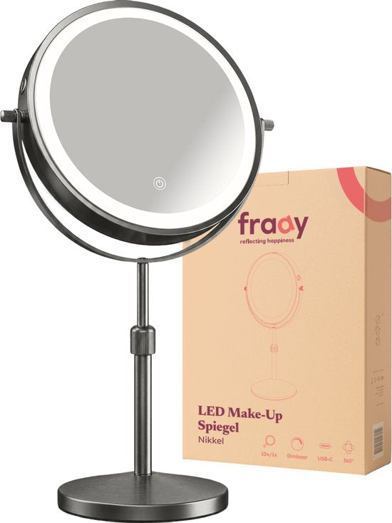 Miroir de maquillage Fraay® avec éclairage LED - Grossissement 10x - Miroir grossissant avec éclairage - Rechargeable - Miroir de rasage - Miroir de salle de bains - Nickel