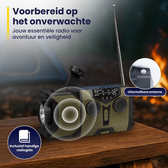 ODESSEY Radio d'urgence solaire rembobinable - 2000 mAh Powerbank - Lampe de poche - Radio portable - Kit d'urgence