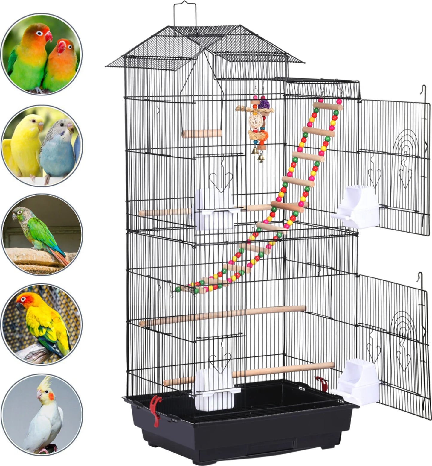 Yaheetech Cage à oiseaux avec aire de jeu - 46 x 35,5 x 99 cm - avec plaque de fond amovible et fermetures en fil de fer et ensemble complet d'accessoires - pour perruches et canaris - métal noir et bois