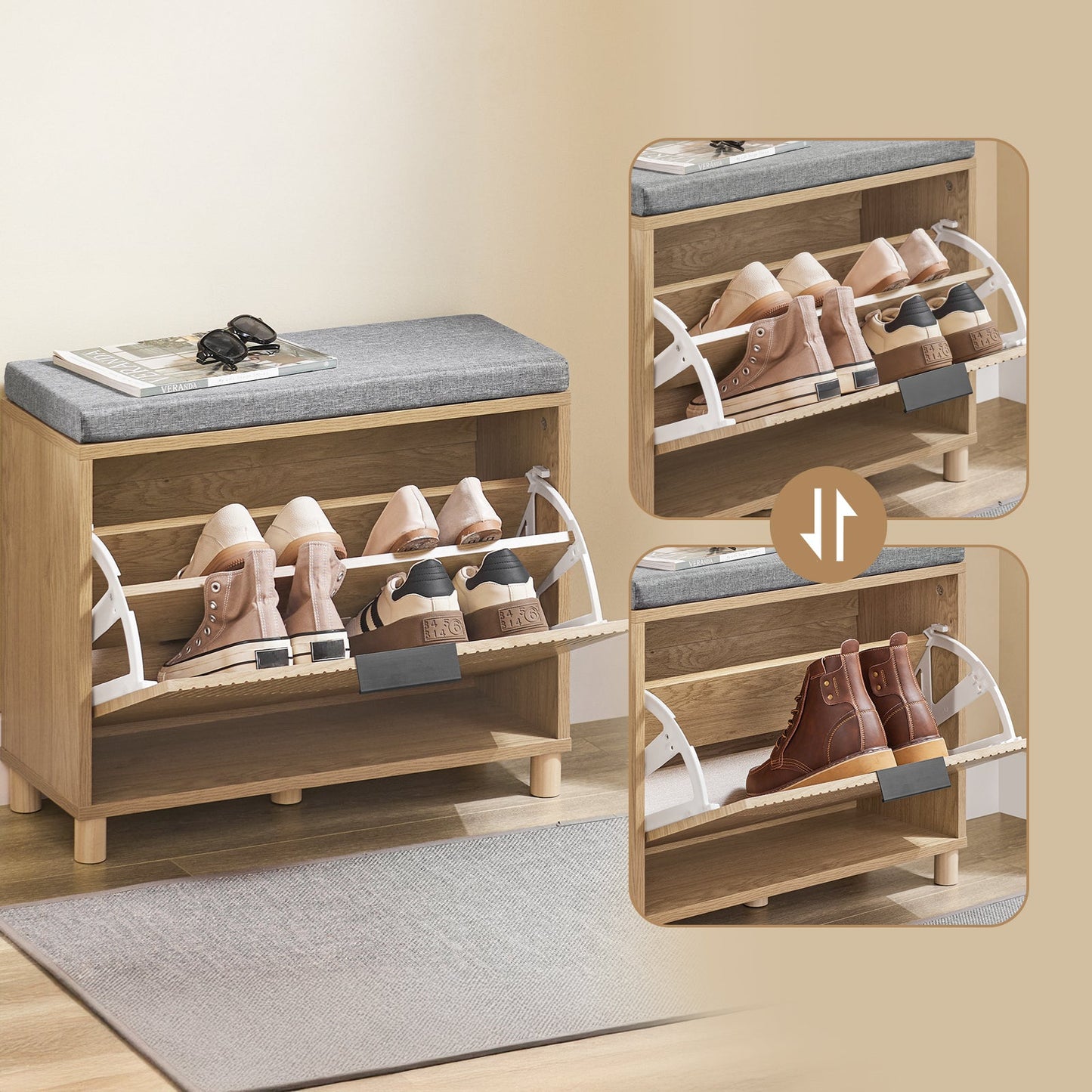 SoBuy FSR199-N Banc à chaussures avec rangement et coussin rembourré, gris et bois clair, 60 x 24 x 50 cm