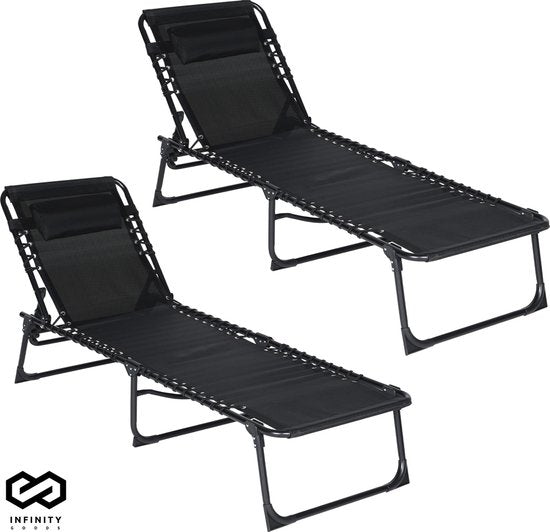 Infinity Goods Ligbedden (set van 2) - Opvouwbaar - Inclusief Hoofdkussen - Zonnebedden - Ligstoelen - Verstelbaar - Tuin - Weerbestendig - Antraciet
