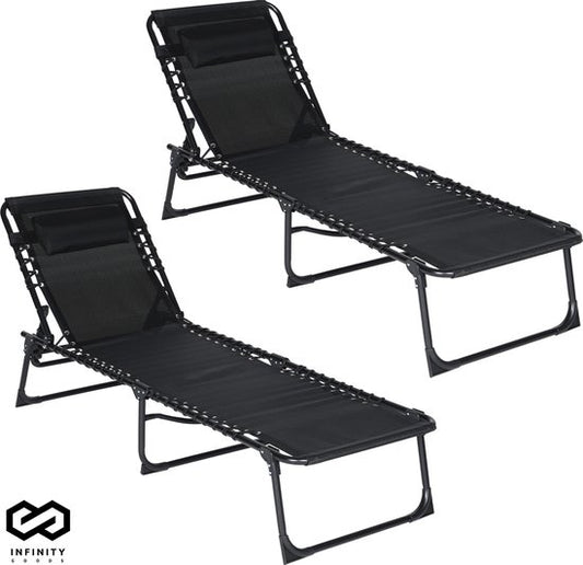 Infinity Goods Ligbedden (set van 2) - Opvouwbaar - Inclusief Hoofdkussen - Zonnebedden - Ligstoelen - Verstelbaar - Tuin - Weerbestendig - Antraciet