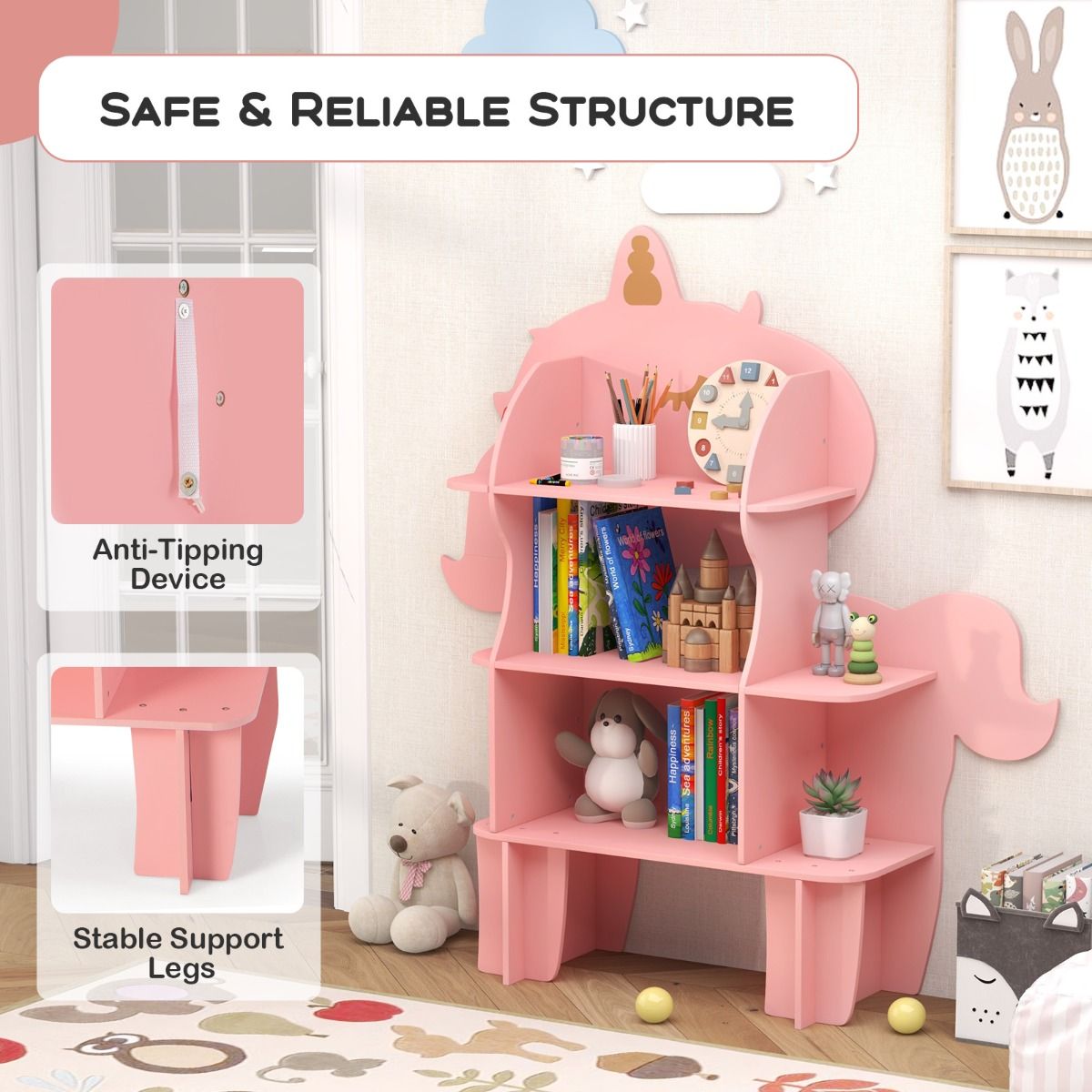 Coast Children's Rack - 123×31×130 cm - Rack à jouets en bois avec 3 étagères ouvertes - Rose